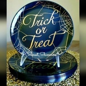 12 Spider Web "Trick or Treat" App/ Salad/ Dessert Plates Halloween NEW